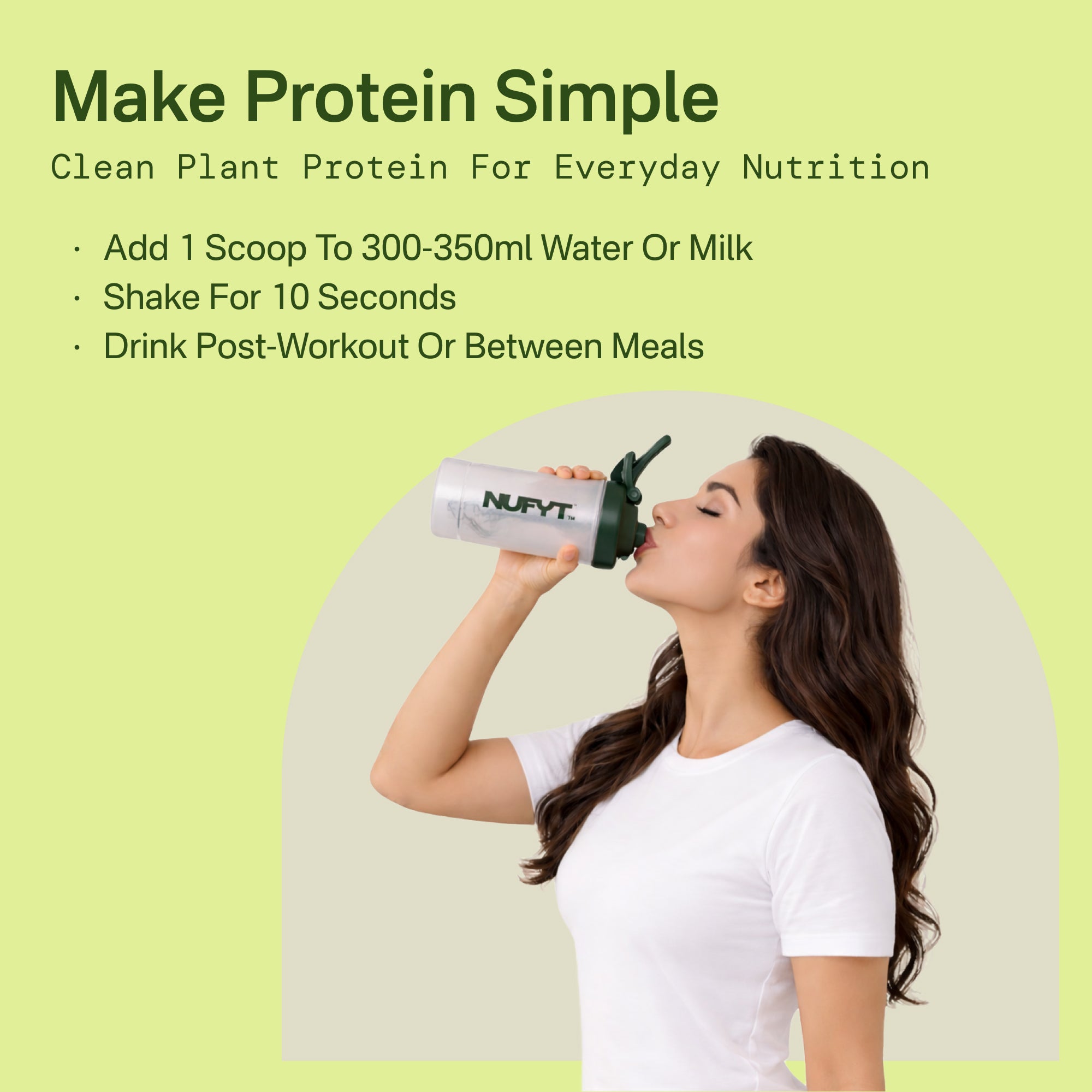 Woman drinking from a NUVIT protein shaker with text on a light green background