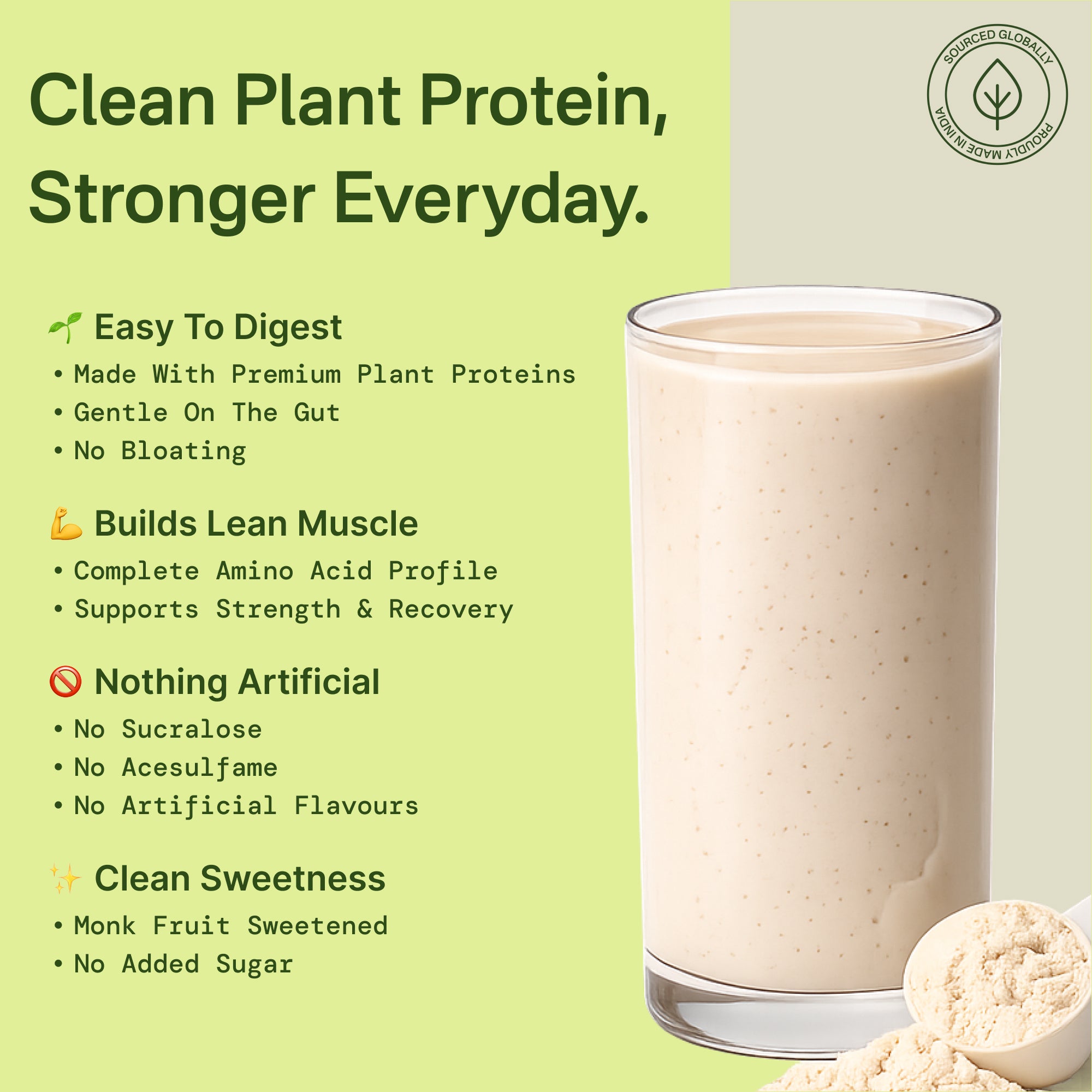 Glass of plant-based protein shake with promotional text on a green background