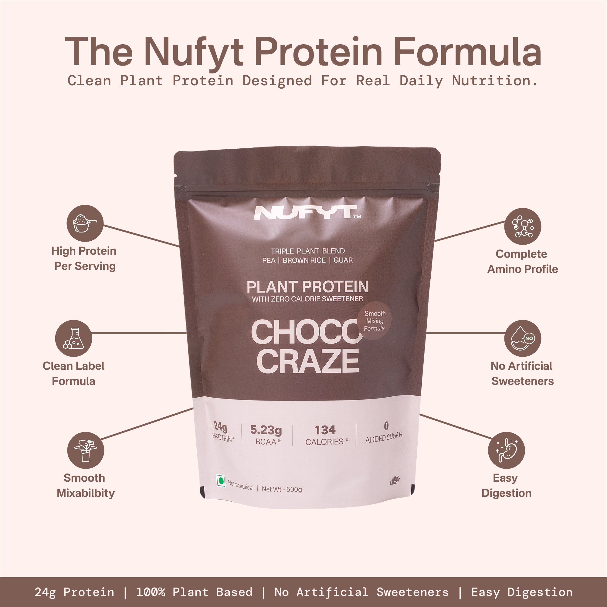 40738242232369 Nufyt Protein Formula packaging with features listed on a light brown background
