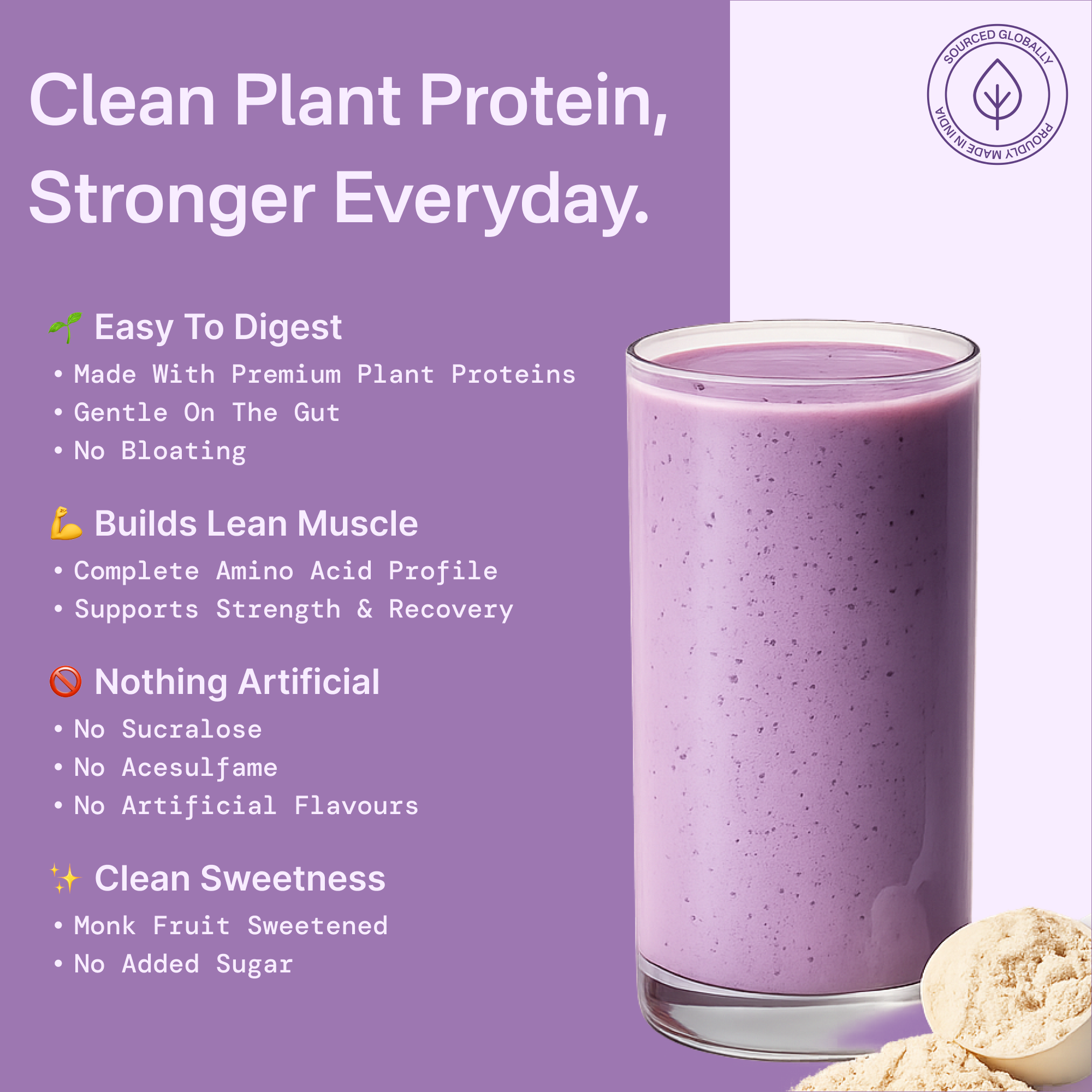 40793201082417 Glass of purple smoothie with plant protein powder on a purple background, featuring text about the benefits of the product.