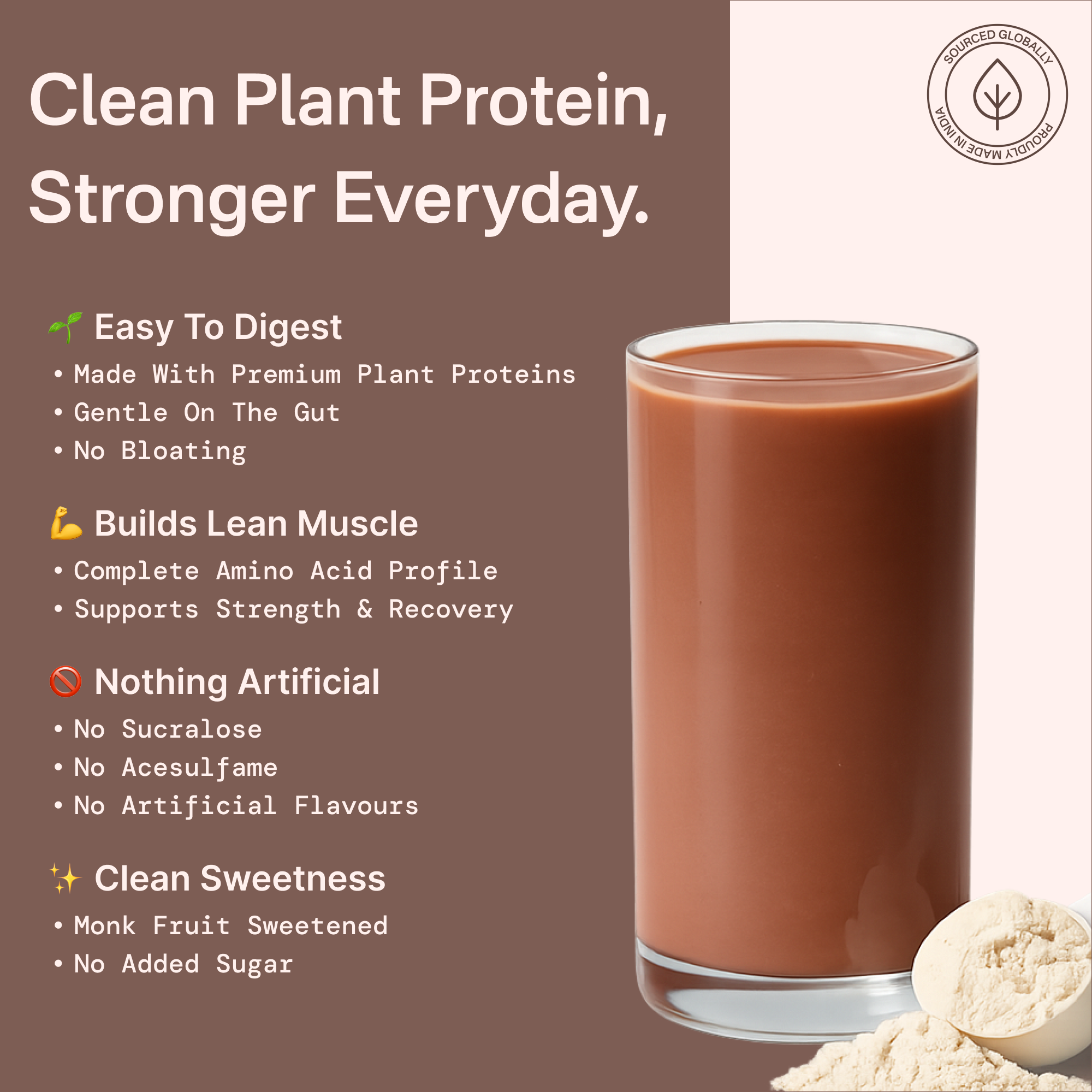 40738242232369  Glass of chocolate protein shake with plant protein powder on a brown background, featuring text about the benefits of clean plant protein.