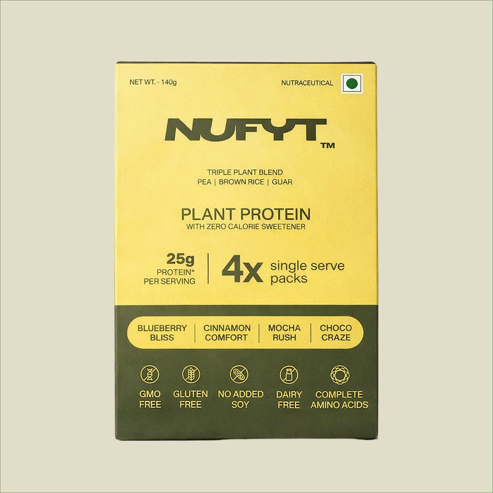 Nufyt plant protein packaging with yellow and green design on a beige background