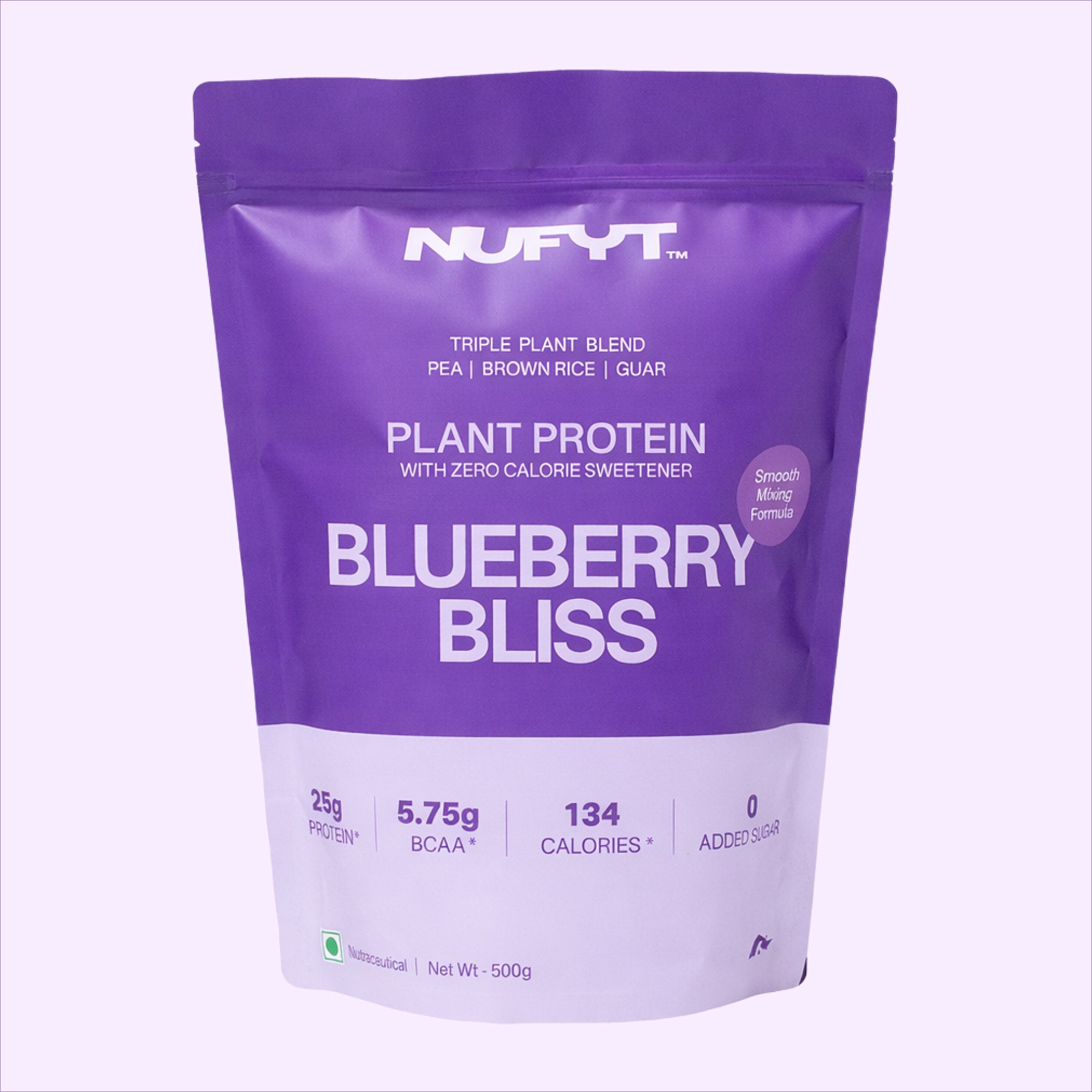 40793201049649 NUFYT Blueberry Bliss plant protein package with a smoothie and blueberries on a white background