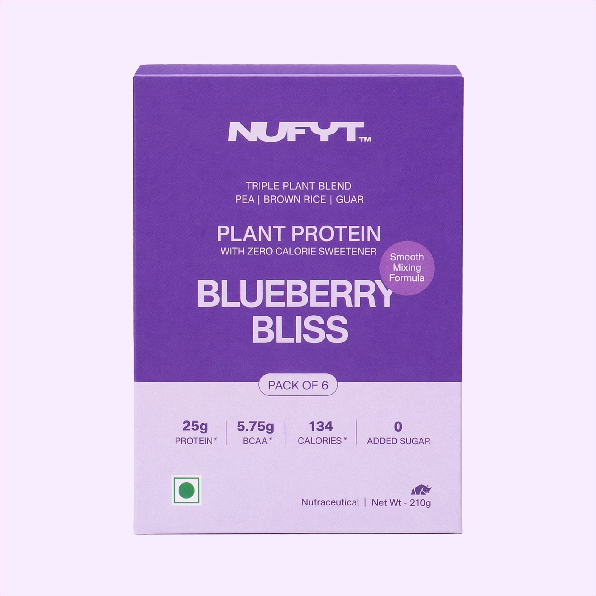 40793201082417 NUFYT Blueberry Bliss plant protein packaging with a glass of blueberry smoothie, blueberries, and protein powder.