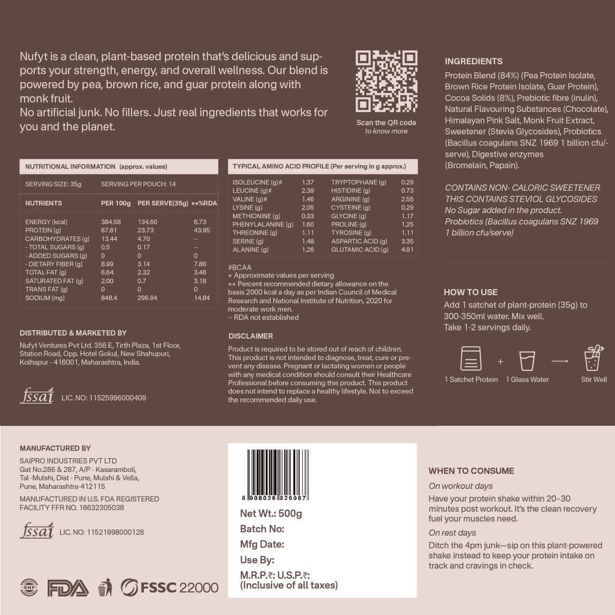 40738242232369 Nufyt Choco Craze plant protein nutrition label showing ingredients, amino acid profile, nutrition facts (24g protein per serving), usage instructions, probiotics, digestive enzymes, and FSSAI certification details.